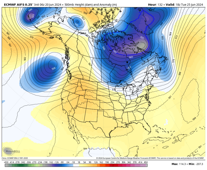 500-mb height anomalies map June 25