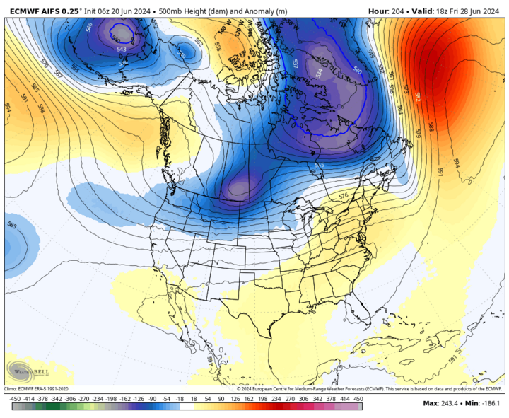 500-mb height anomalies June 28 map