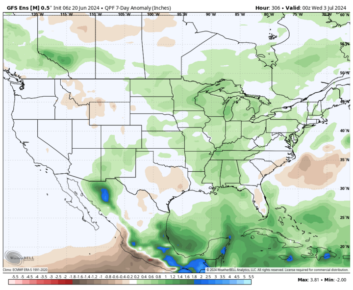 GFS precipitation anomalies map