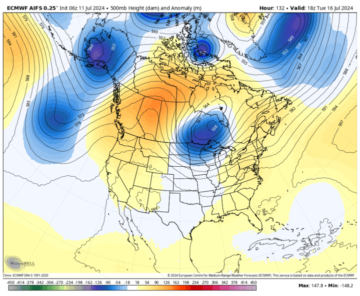 500-mb height anomalies map July 16