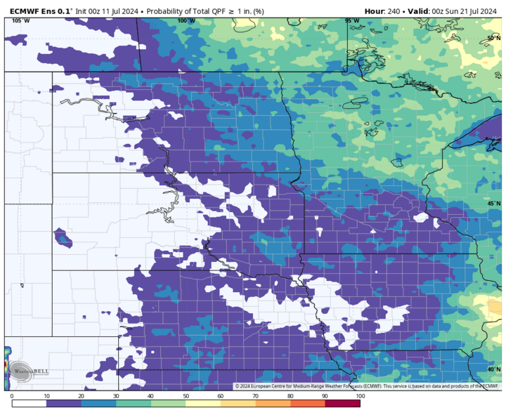 One inch precip by July 13 map