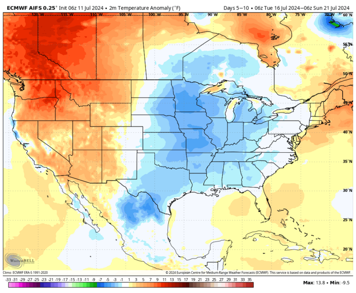 Projected temperature anomalies July 16-21 map