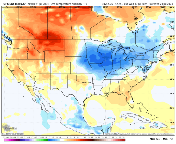 GFS precipitation anomalies map