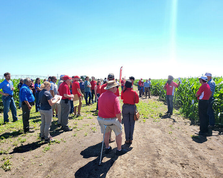 People circle man speaking near field