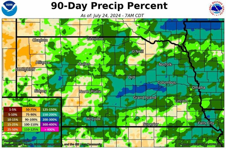 90-day percent of normal precipitation map