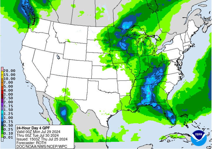 Projected precipitation Sunday map