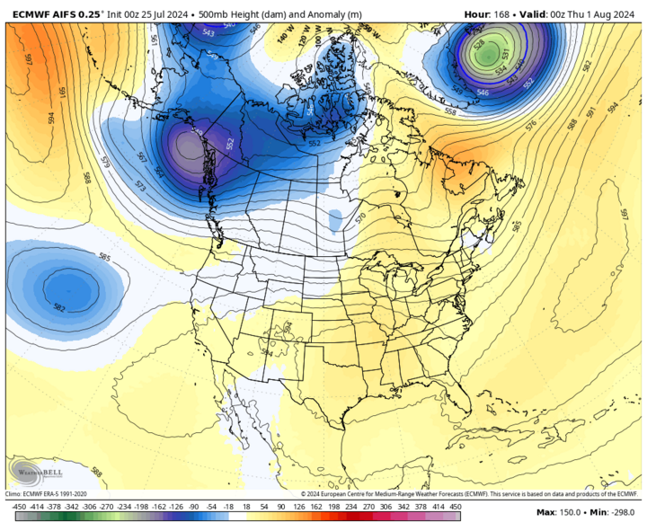 Midweek 500-mb height anomalies map