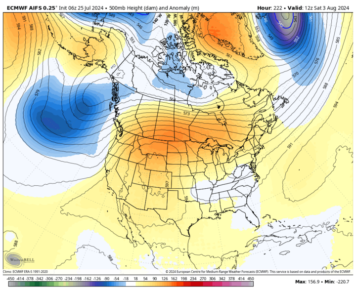 500-mb height anomalies on Saturday map