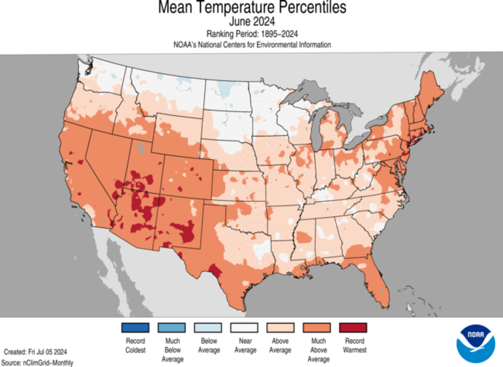 Temperature percentiles June 2024 map