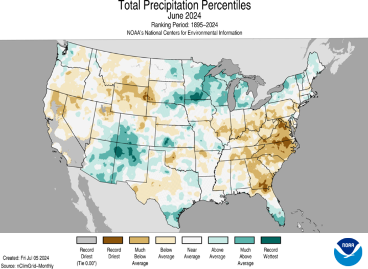 Precipitation percentiles June 2024 map