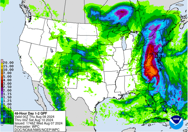 Projected precipitation through Aug. 10 map