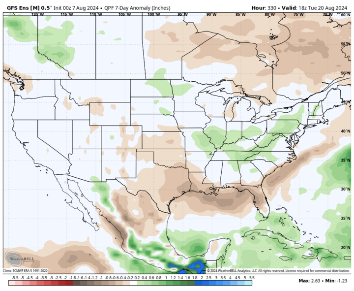 Eight- to 14-day precipitation anomalies map