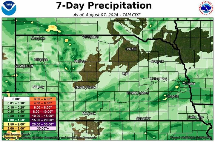 Seven-day precipitation totals Aug. 7 map