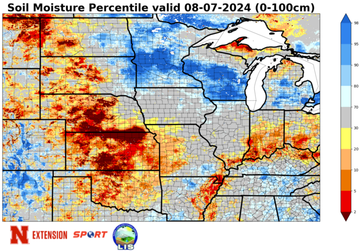 SPoRT LIS soil moisture percentiles Aug. 7 map