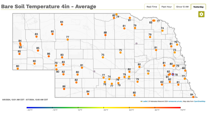 Four-inch bare soil temperatures map Aug. 7