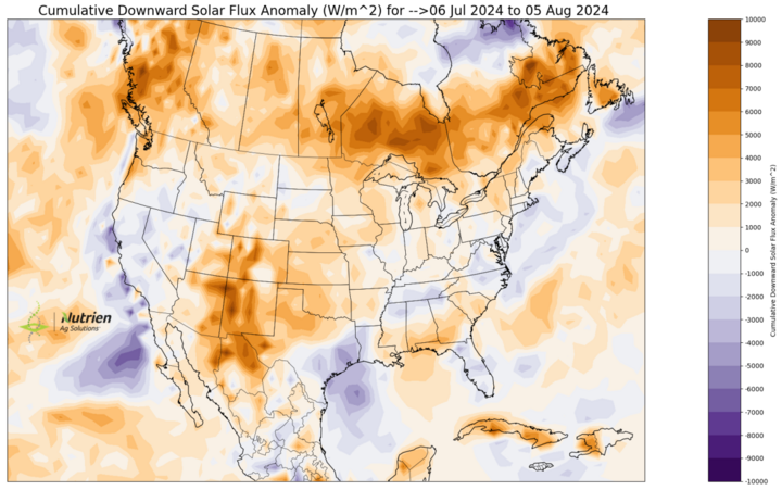 Thirty-day solar radiation anomalies map July 6-Aug. 5