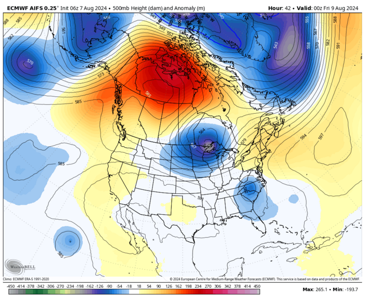 Projected 500-mb heights Aug. 8 map