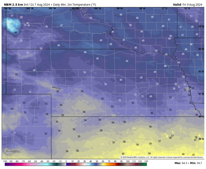 Projected low temperatures Aug. 9 map