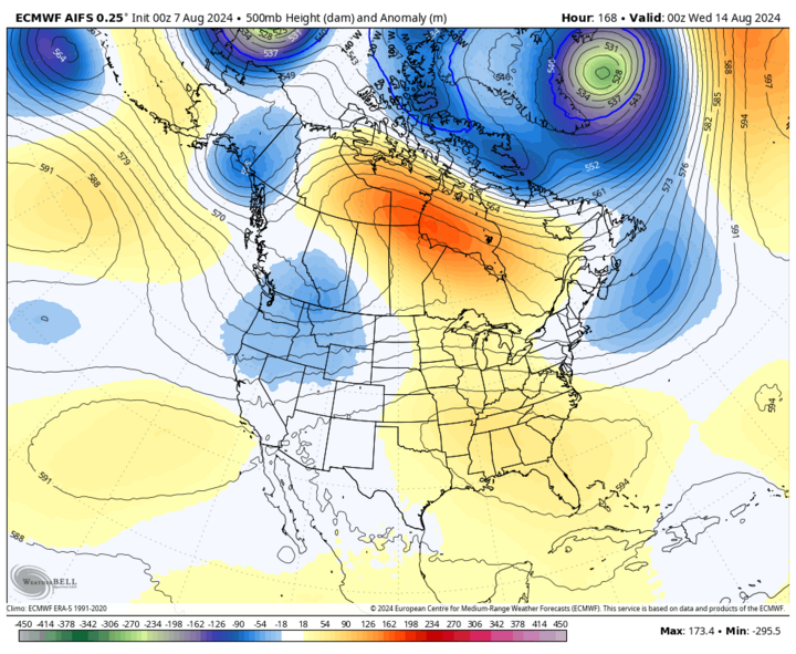 Aug. 14 500-mb height anomalies map