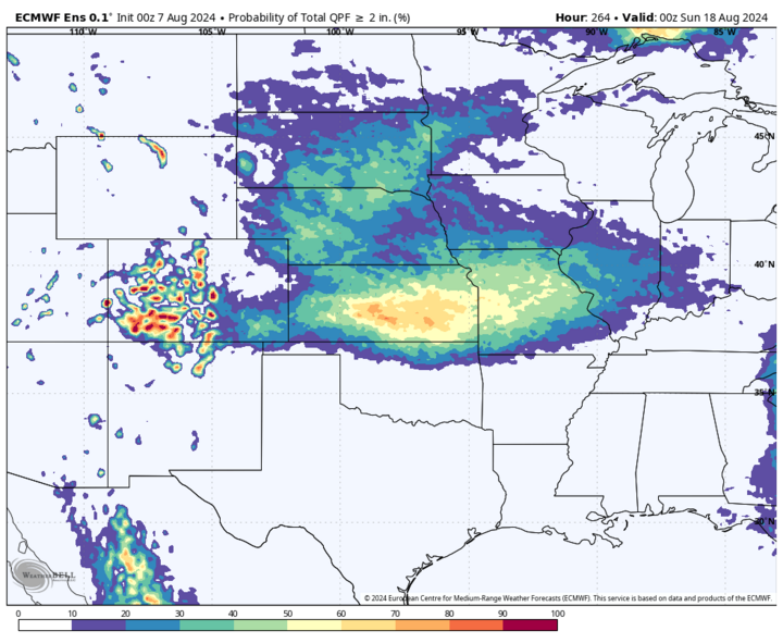 Two-plus inches precipitation through Aug. 18 map