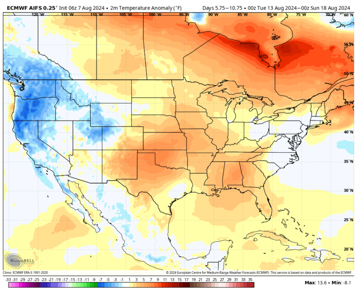 Projected average temperature anomalies Aug. 13-18 map