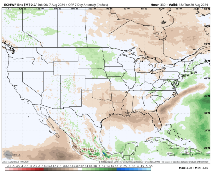 Eight- to 14-day precipitation anomalies map