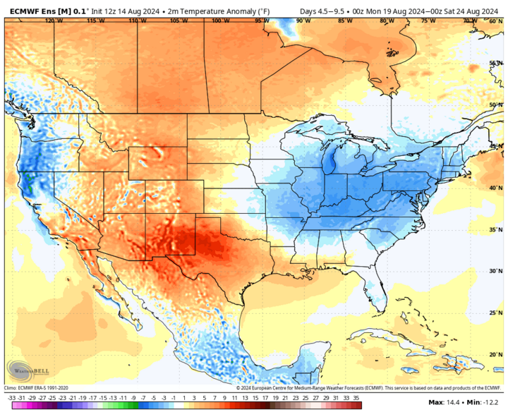 Projected temperature anomalies Aug. 19-24 map