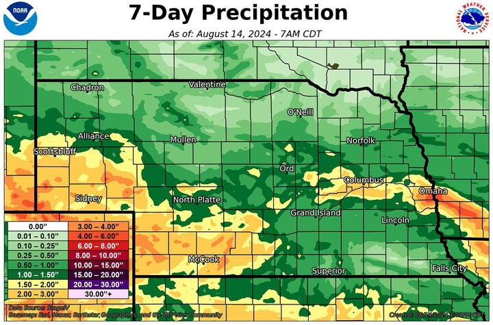 Precipitation totals as of Aug. 14 map