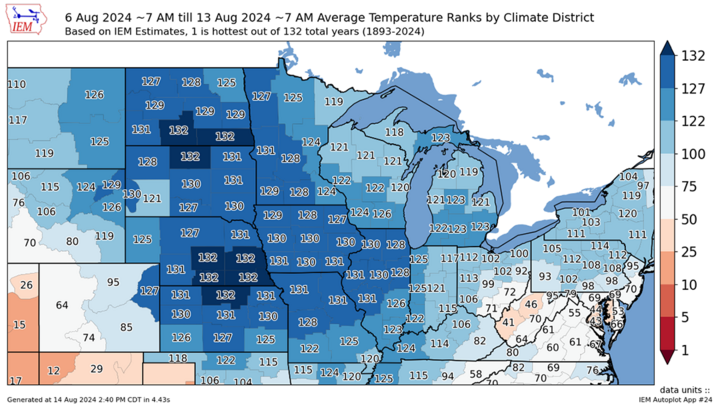 Temperature ranks Aug. 7-13 map