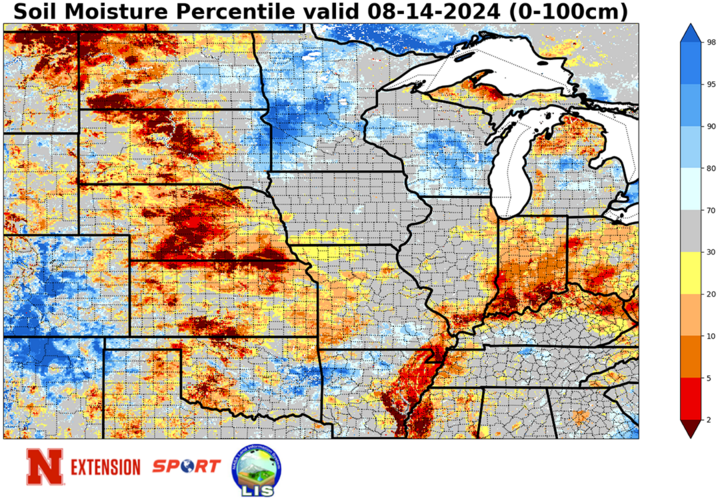 Soil moisture percentiles for Aug. 14 map