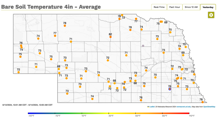 Four-inch bare soil temperatures Aug. 14 map