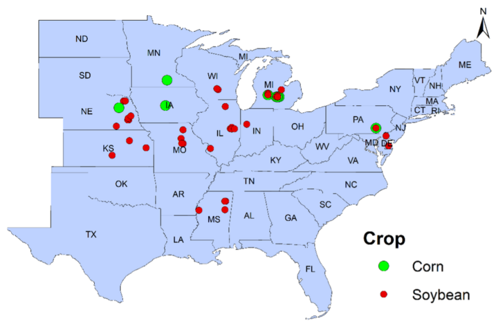 United States map pinpointing study locations