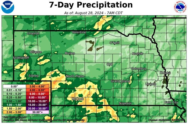 Seven-day precip totals as of Aug. 28 map