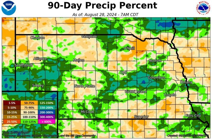 90-day precipitation as of Aug. 28 map