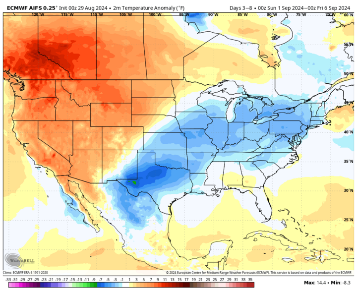 Projected temperature anomalies Sunday 1-5 map