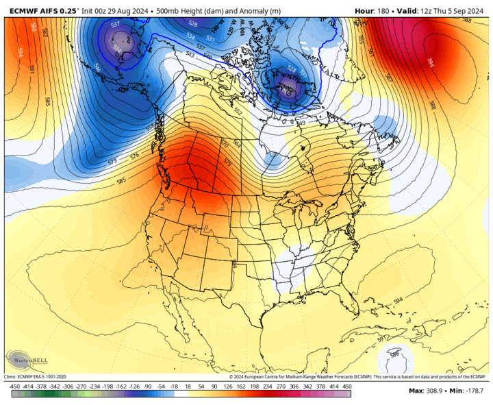 Projected 500-mb heights Sept. 5 map