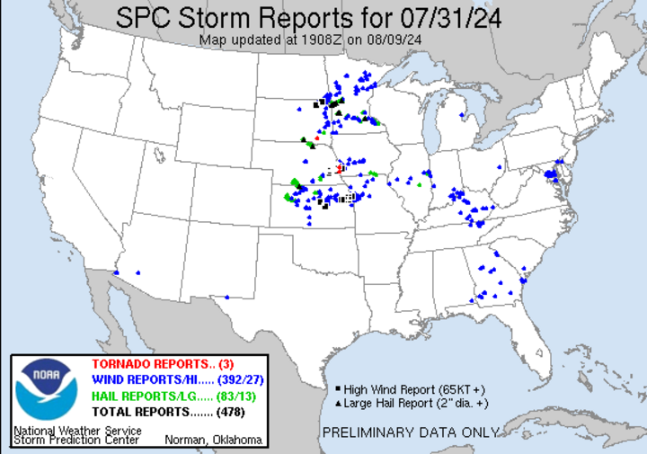 July 31 storm reports map