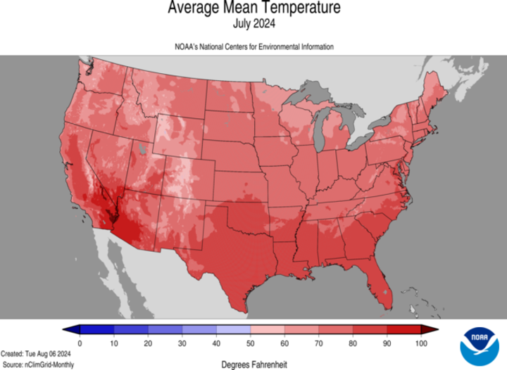 Average mean temperature in July map