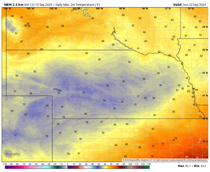 Projected high temperatures Sept 22 map