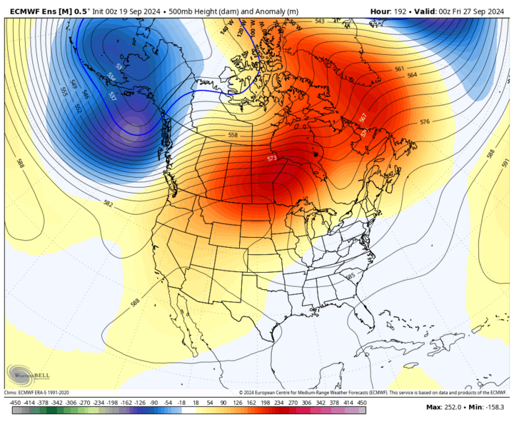 500-mb height anomalies Sept 23-27 map