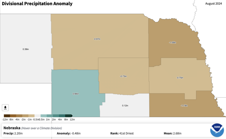 August 2024 precipitation anomalies by climate division map
