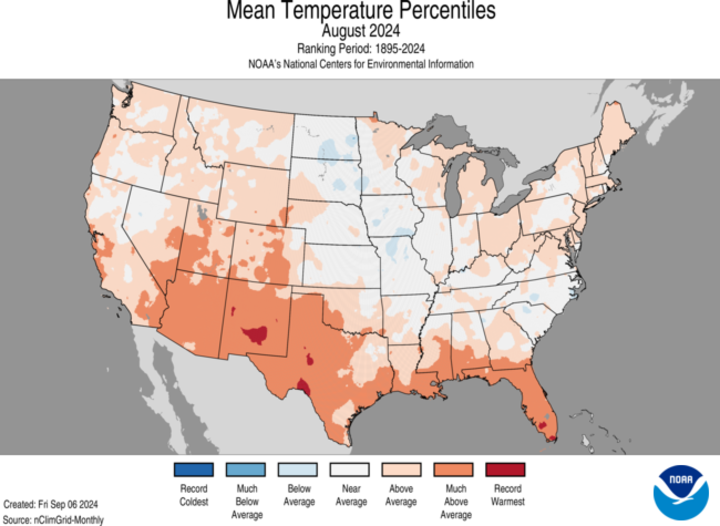 Temperature percentiles for August 2024 map