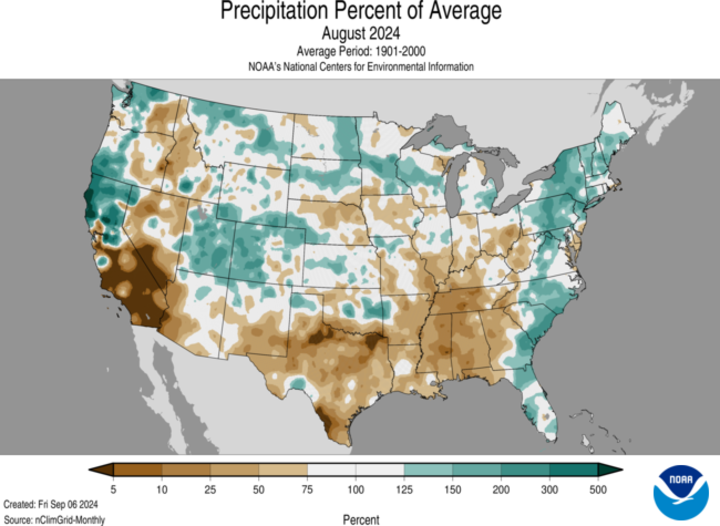 Precipitation percentiles for August 2024map