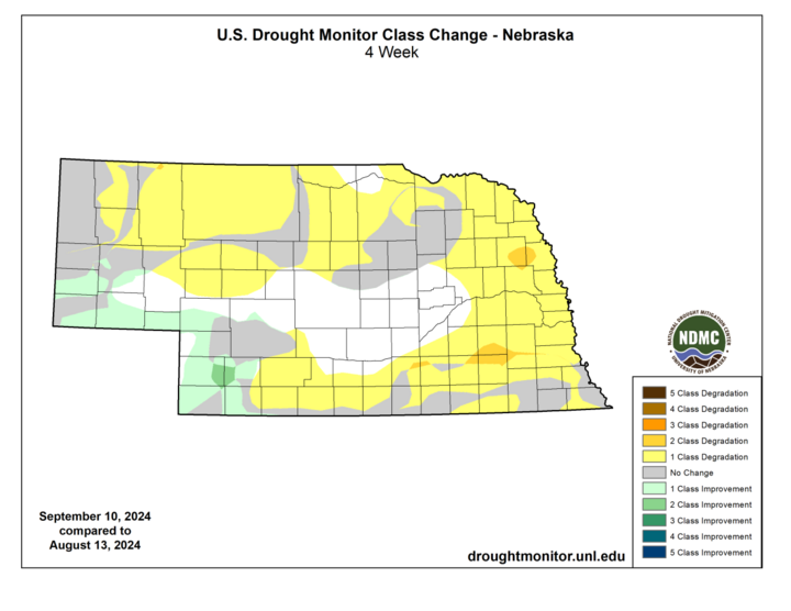 August one-month change U.S. Drought Monitor map