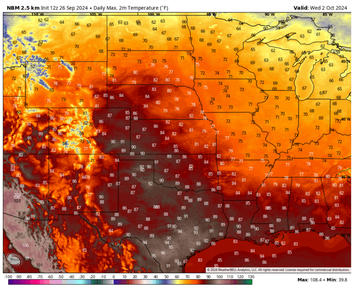 Projected high temperatures Oct. 2 map