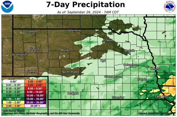 Total seven-day precipitation as of Sept. 26 map