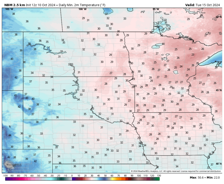 Oct. 15 low temps map