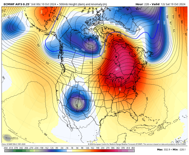 Projected 500-mb height anomalies next Saturday, Oct. 19 map