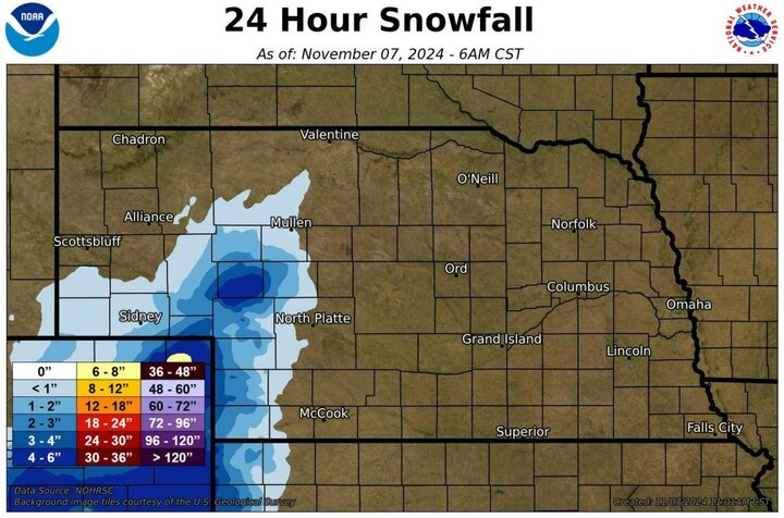 Snowfall on Wednesday, Nov. 6 map