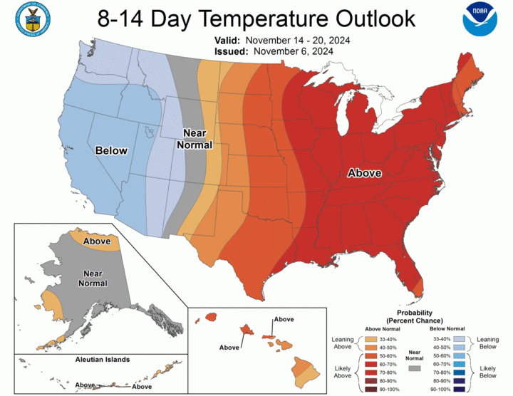 eight- to 14-day temperature outlook map